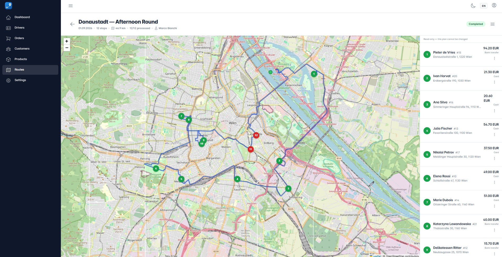 An optimized delivery route across Vienna with numbered stops, the assigned driver, and each stop marked delivered or failed.